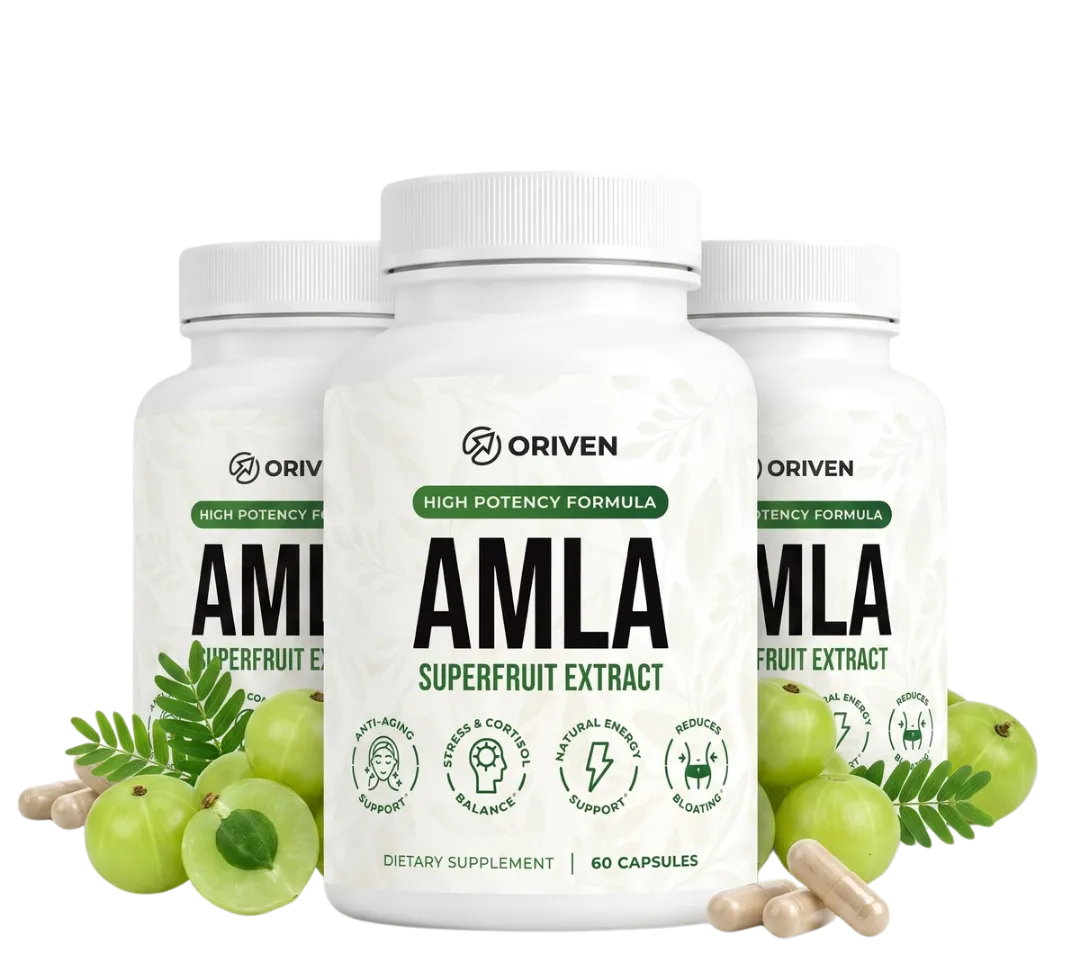 Three white bottles of Oriven AMLA Superfruit Extract dietary supplement capsules, arranged symmetrically with green amla fruits and leaves at the base, on a clean white background.